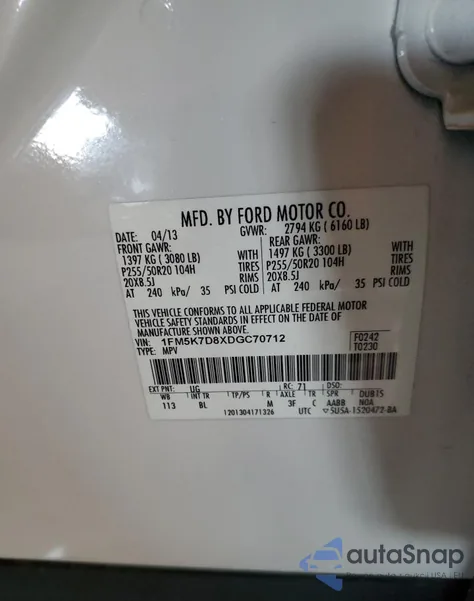 2013 Ford Explorer Xlt из США, поврежденный, VIN 1FM5K7D8XDGC70712